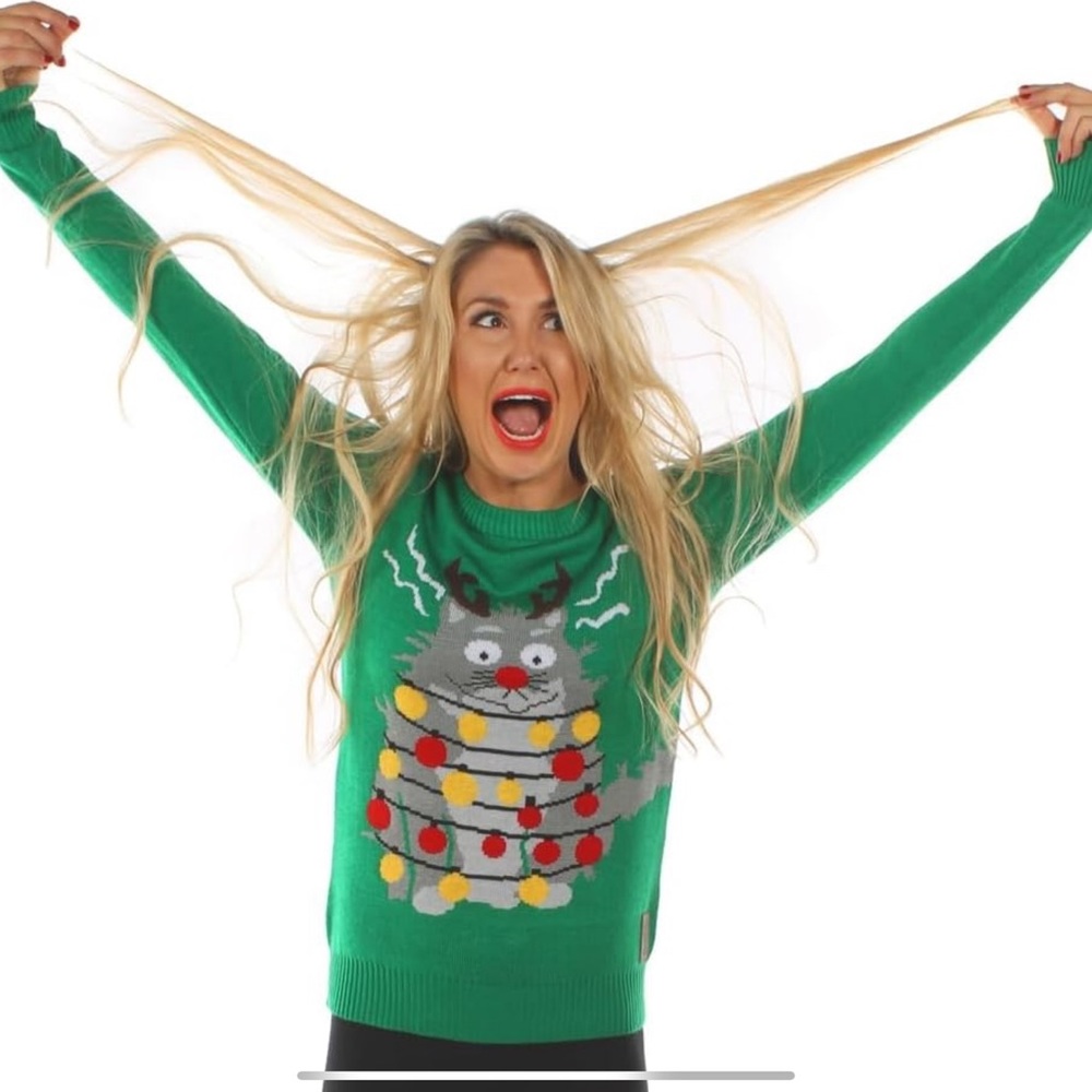 Tipsy Elves Womens Electricuted Cat Xmas Sweater. NWT ( see back of sweater)